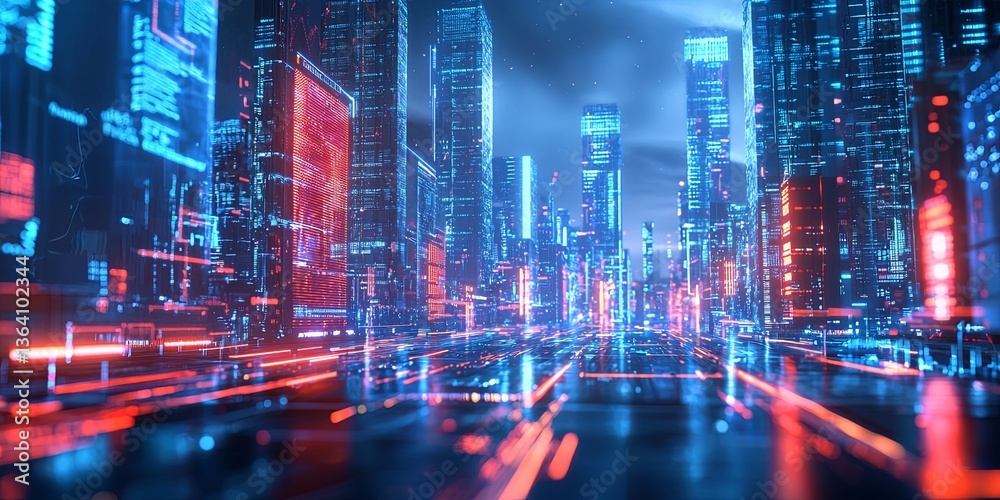 Poster futuristic digital cityscape with glowing neon lights and high-tech data visualization in a vibrant 