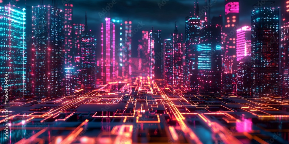 Poster Futuristic digital cityscape with glowing neon lights and high-tech data visualization in a vibrant urban environment at night