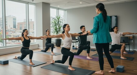 Indoor yoga class with instructor guiding a group of people in a modern studio setting