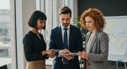 Business team collaboration in modern office analyzing digital tablet for project planning