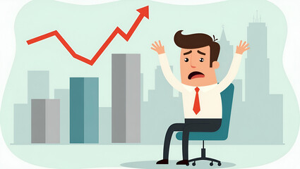 Understanding Flat Recession: A Frustrated Businessman Illustrates Portfolio Investment Losses with Falling Graphs in a Cute Vector Style