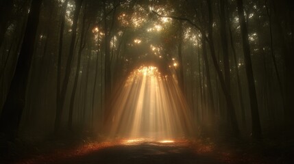 Sunlight Piercing Misty Forest