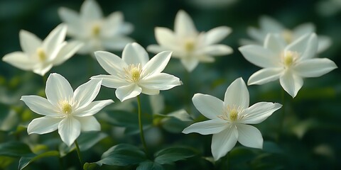 Fototapeta premium Delicate white flowers blooming with green leaves in the garden