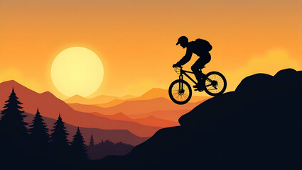 Fototapeta premium Flat Silhouette of Mountain Biker Riding on Rocks at Sunset: Embrace Adventure in Outdoor Sports and Nature's Beauty During Golden Hour - A Cute Vector Illustration