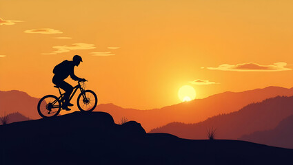 Flat Silhouette of Mountain Biker at Sunset: Adventure Outdoor Sports & Nature's Beauty