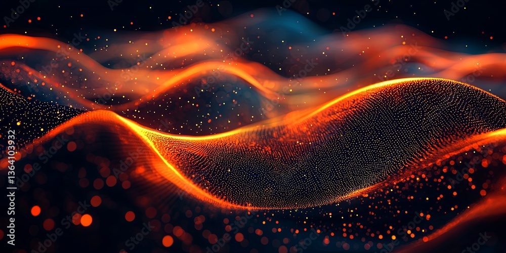 Leinwandbilder Abstract colorful wave with glowing particles flowing in a dark space, representing digital technology and creative motion design in vibrant hues of orange and red