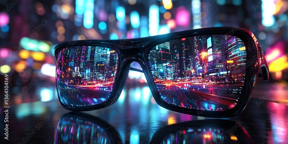 Poster Futuristic Augmented Reality Glasses with Digital Display Reflecting Colorful Light and Imagery in a Dynamic Urban Environment