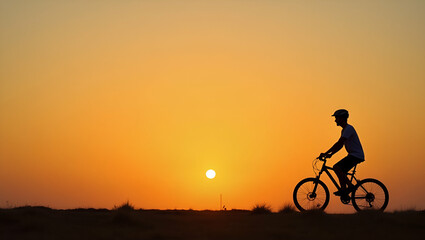 Obraz premium Young man riding bicycle against sunset background symbolizing freedom and outdoor adventure. concept as Young man rides bicycle against sunset background symbolizing freedom and outdoor adventure. in
