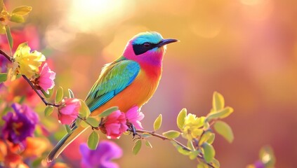 Colorful bird perched on flower branch at sunrise
