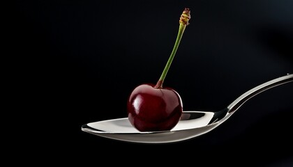 Single Cherry on Spoon: A glistening, ripe cherry rests delicately on a silver spoon against a dramatic dark background. The image is a study in simplicity and contrasts.