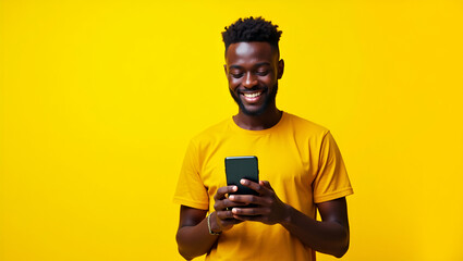 Young Happy African Black Man Holding Smartphone Against Yellow Background - Full Body Image for Betting App Advertisement with Copy Space on the Left