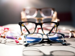 Multiple eyeglasses on a table