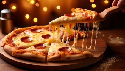Pizza Slice with Melted Cheese: A freshly baked pizza with gooey cheese and pepperoni is sliced and lifted, revealing the melted cheese stretching in a delightful, cheesy string.
