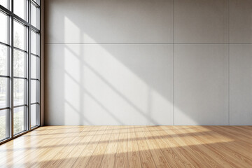 Minimalist empty room with large windows, wooden floor, and white wall. Sunlight casts geometric shadows, creating a peaceful atmosphere. Ai generative
