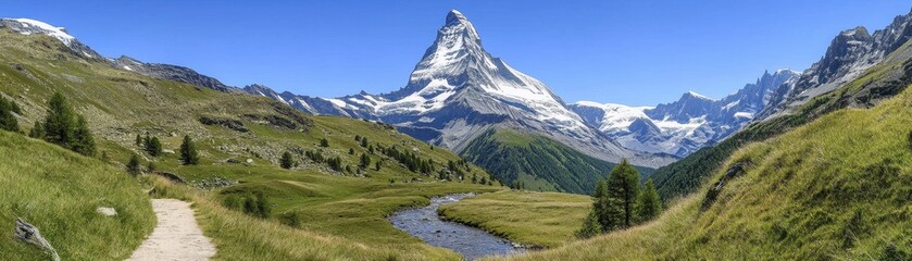 Obraz premium A breathtaking mountain range towers majestically, its rugged peaks dusted with snow. A crystal-clear stream winds through the lush green valley, reflecting the vibrant blue sky above.