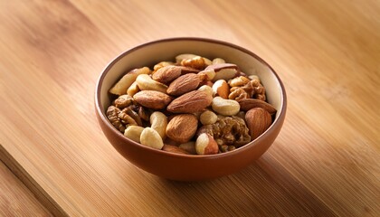 Nut Bowl Feast: A ceramic bowl overflows with an enticing array of assorted nuts, promising a medley of flavors, set on a warm wooden surface.