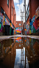 Obraz premium Vibrant graffiti reflection in urban alleyway puddle, artistic expression