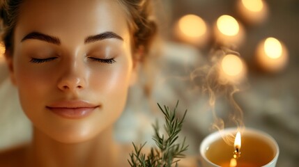 Fototapeta premium Serene woman immersed in relaxation, enjoying the soothing ambiance of spa treatment