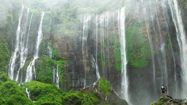 Couple Adventure Tumpak Sewu Waterfall Java Indonesia Drone 