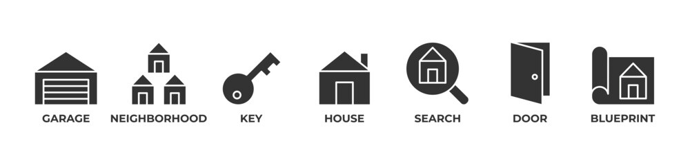 Finding Your Perfect Home Icons set vector illustration with GARAGE, NEIGHBORHOOD, KEY, HOUSE, SEARCH,DOOR, BLUEPRINT