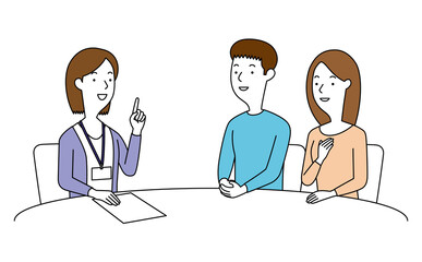 女性の相談員にアドバイスを聞く男女