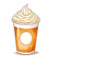 Watercolor Pumpkin Spice Latte Clipart: Full Cup with Whipped Cream - Fall Drink Element Isolated on White Background for Stock Photos with Defined Outlines and Empty Space