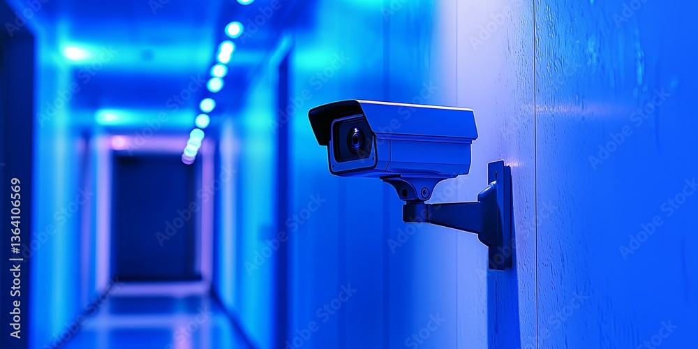 Poster Modern surveillance camera mounted on a sleek metallic wall in a high-tech corridor with blue lighting creating an ambiance of security and monitoring.