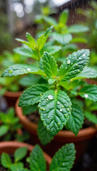 Close-up of mint leaves with raindrops in herb garden, natural freshness