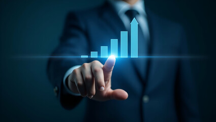 Hand touching holographic progress bar with value for business growth representing increased company value growth plans and sales enhancement in empty space concept as Hand interacts with holographic 