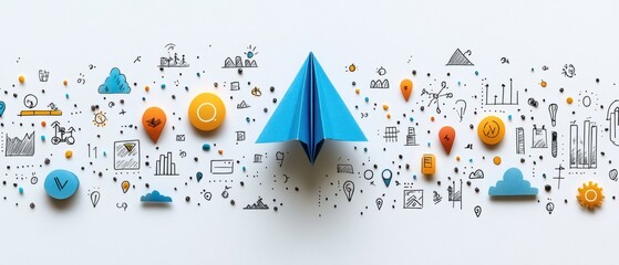 Blue Paper Airplane Surrounded by Colorful Icons and Illustrations Representing Creativity and Innovation