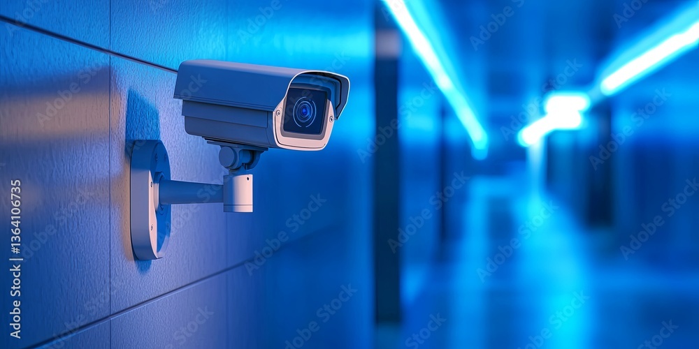 Poster Modern surveillance camera mounted on a sleek metallic wall in a high-tech corridor with blue lighting creating an ambiance of security and monitoring.