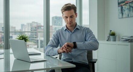 Business professional in office checking time on smartwatch