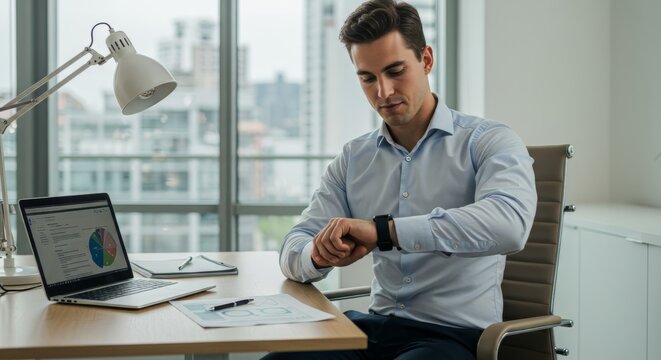 Business professional checking time in modern office with laptop and documents for corporate planning