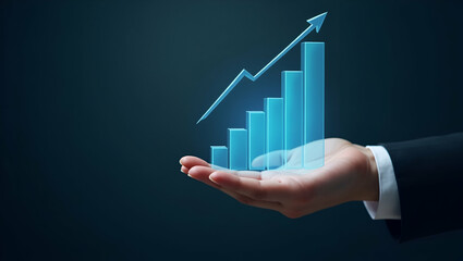 Flat Hand Presenting Holographic Business Growth Revenue Analysis Symbol: A Minimalist Vector Illustration Showcasing Smart Business Insights in an Empty Space Background