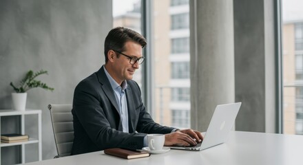 Fototapeta premium Professional businessman working on laptop in modern office setting