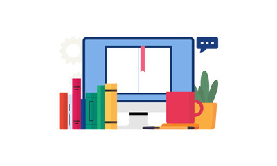 online learning scene with a laptop headphones and educational materials logo