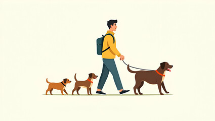 Flat Dog Walker with Playful Pups: A Charming 2D Cartoon Emblem in Simple Flat Art Style Highlighting Pet Care and Dog Walking Services for Your Business