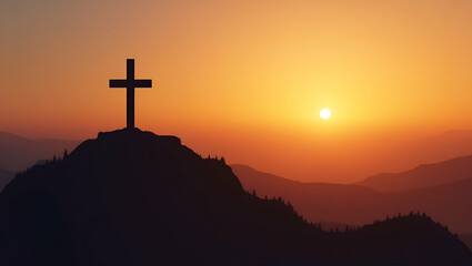 Flat Cross Silhouette on Mountain at Sunset: A Symbol of Faith, Spirituality, and Natural Beauty