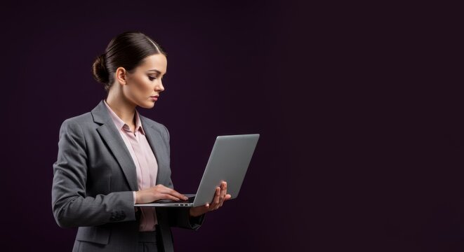 Professional woman in business attire using laptop against dark background for corporate and technology themes