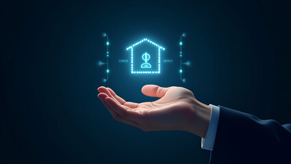 Flat Hand Presenting Holographic Customization Icon: Showcasing Low Code Development Flexibility in a Minimalist Background for Smart Business Solutions