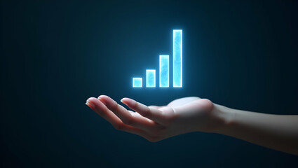 Flat Hand Displaying Holographic Business Metrics Analysis in Minimalist Design