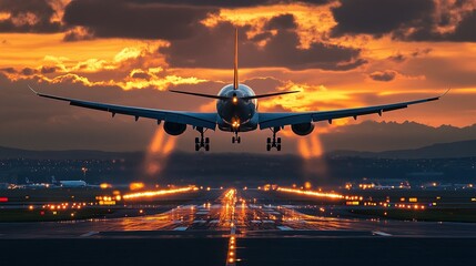 An airplane about to land on the runway at sunset