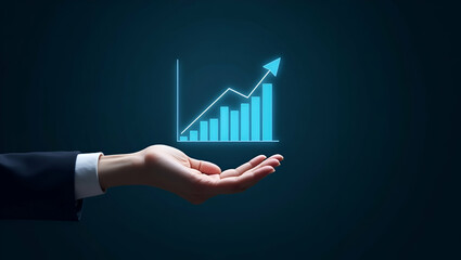 Flat Hand Holding Holographic Yield Return Analysis Icon in Minimalist Financial Management Design