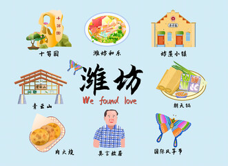 Naklejka premium Weifang Impressions map (Urban Memory Style)
