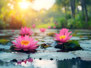 Blooming Pink Water Lilies Floating on Pond at Sunrise for Floral Beauty