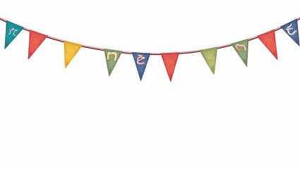 Obraz premium Flat Colorful triangular flags hanging on strings isolated against transparent background ideal for festive or decorative use. concept as Colorful triangular flags hanging on strings isolated against 