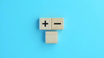 Concept of opposites wood blocks with plus and minus on blue background symbolizes balance decision making and workplace strategy. concept as Highlights strategic thinking in evaluation planning and a