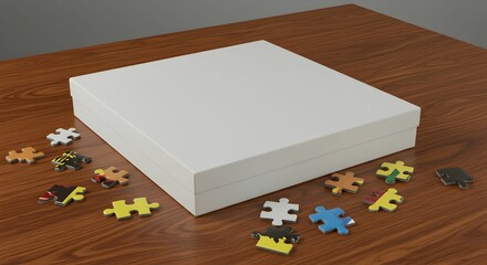 White Puzzle Box With Colorful Pieces On Wooden Table
