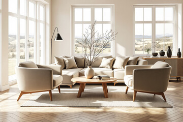 Fototapeta premium Elegant living room interior with neutral-toned furniture, wooden details, and large windows overlooking a scenic landscape. Modern home design. Ai generative
