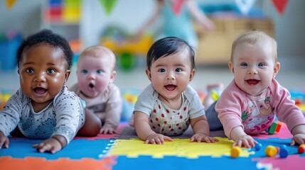 A multicultural group of babies playing together in a daycare or nursery, with colorful mats and educational toys around them.